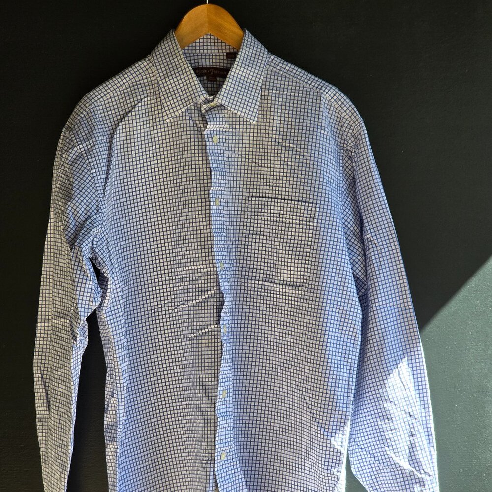 Hickey Freeman Mens White Blue Check Grid LS Button Down Shirt 16.5  XLong